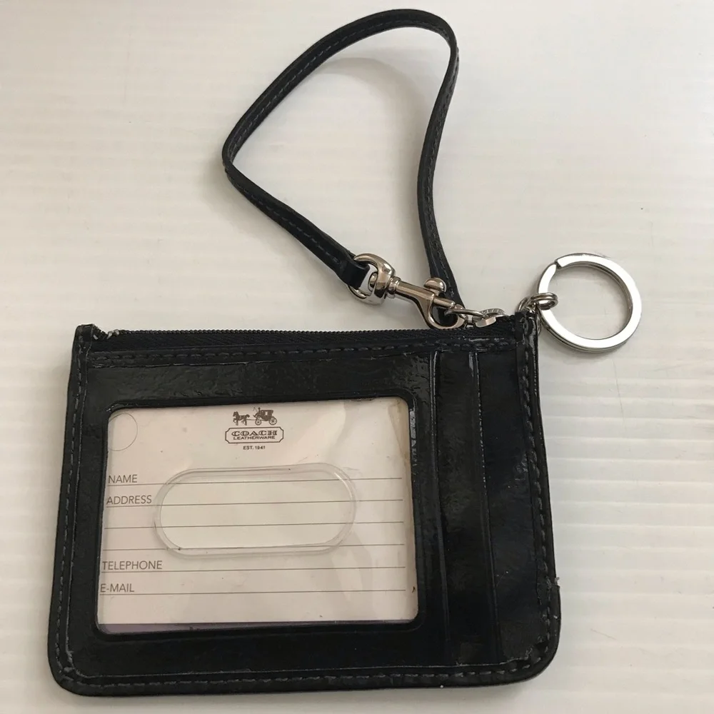 COACH Signature Black Skinny Wristlet ID Card Holder Key Chain